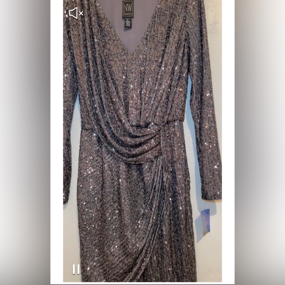 Women ‘s Nightway mock wrap sequin dress .
